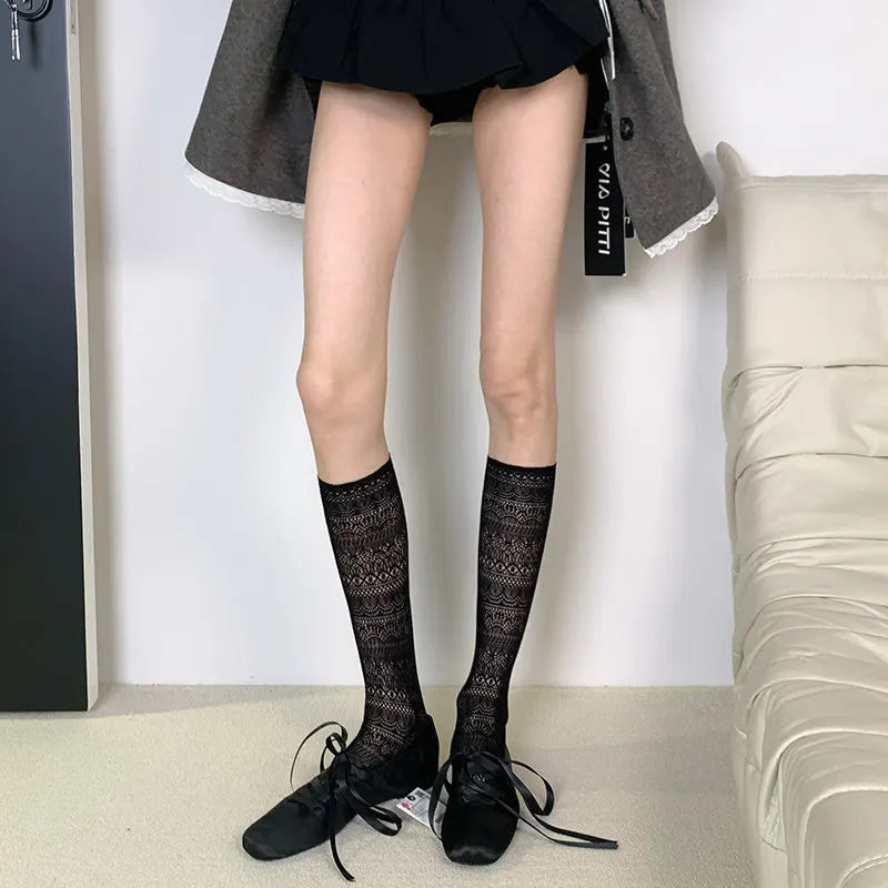 Floral Mesh Crew Socks Women Polyester Mid Tube Casual Hosiery