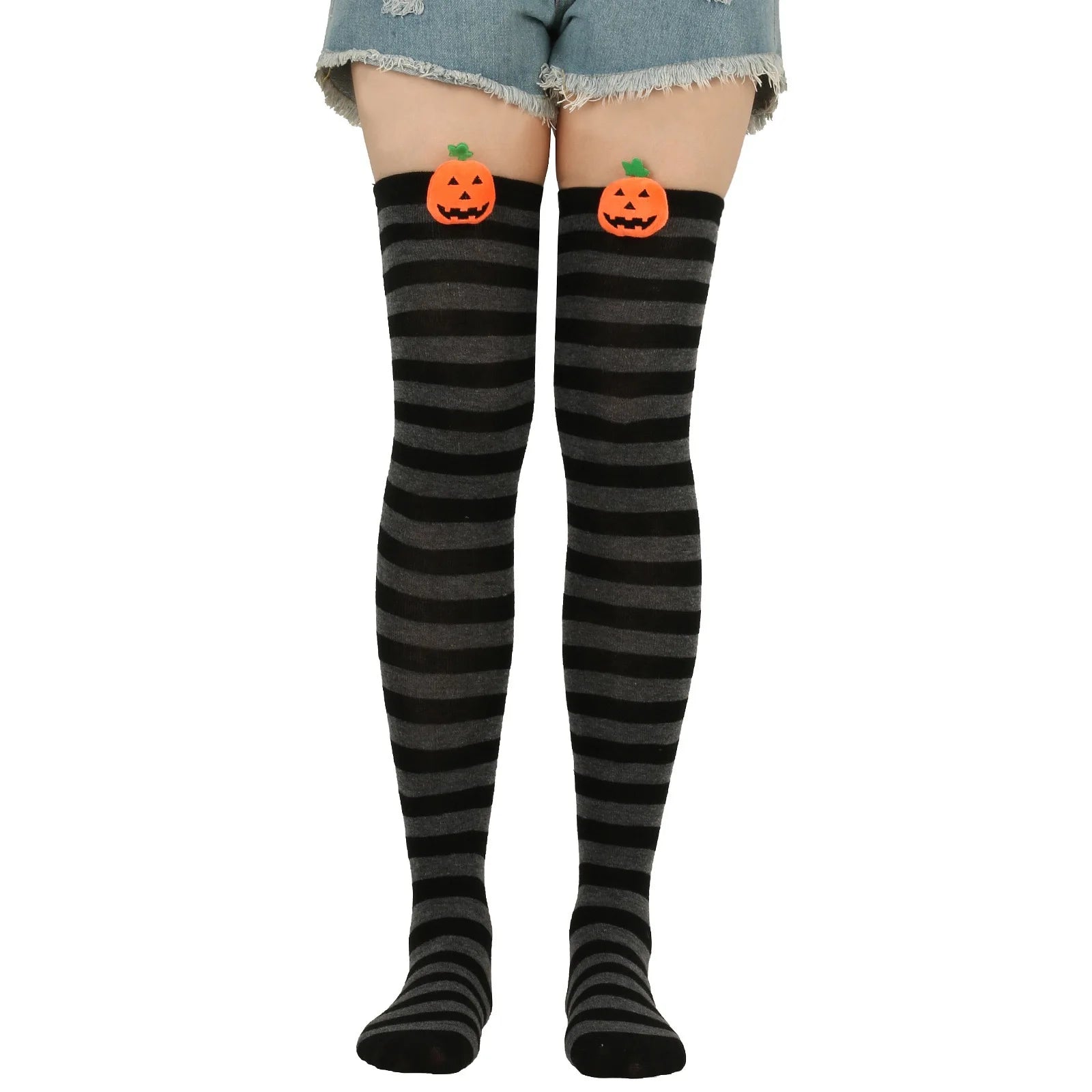 Polyester Striped Pumpkin Over The Knee Socks - 8