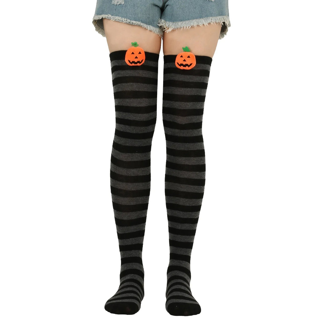 Polyester Striped Pumpkin Over The Knee Socks