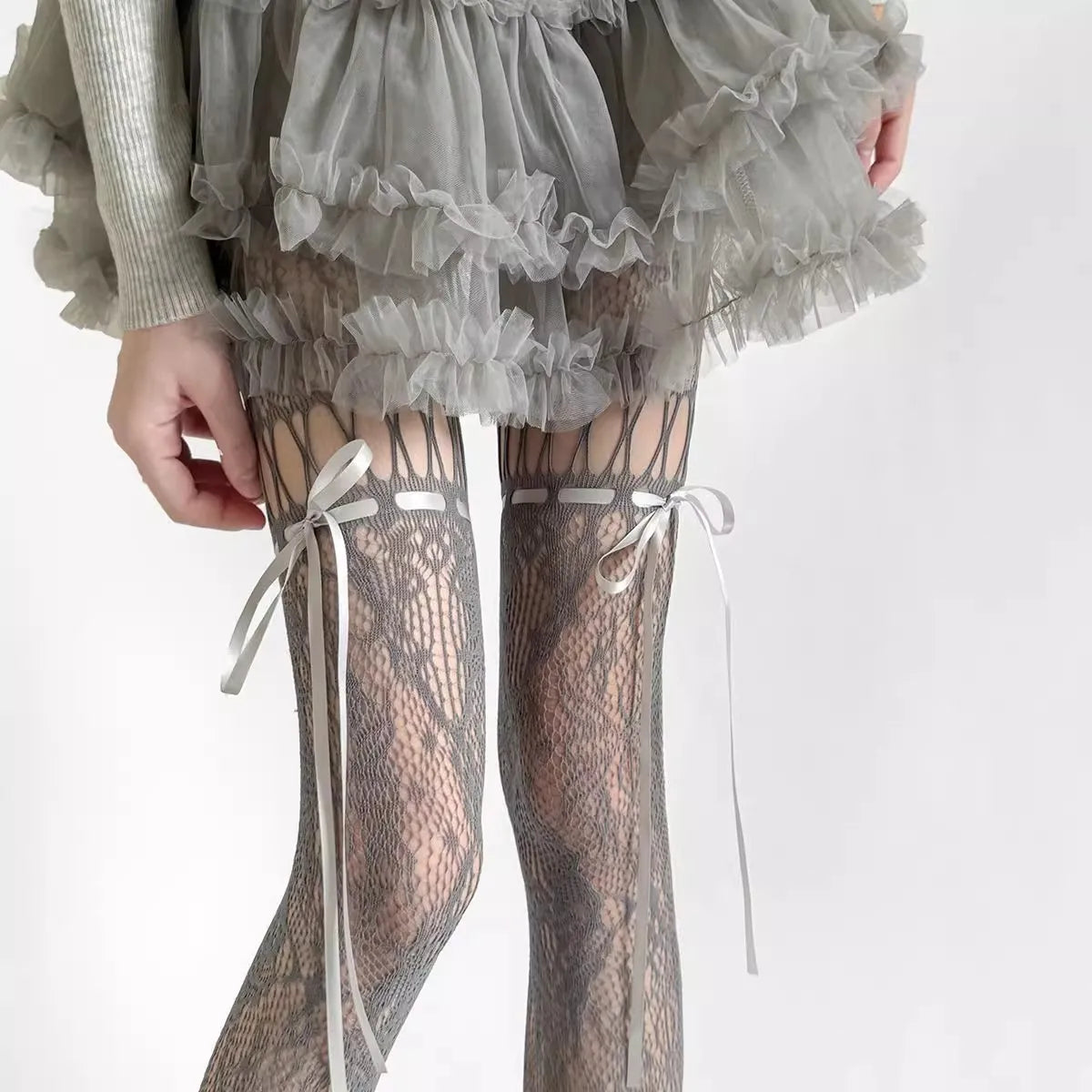 Nylon Bowknot Mesh Hollowed Out Pantyhose - 7