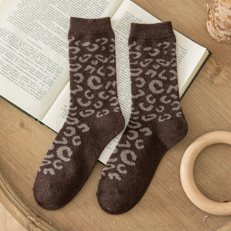 Leopard Print Wool Mid Calf Socks