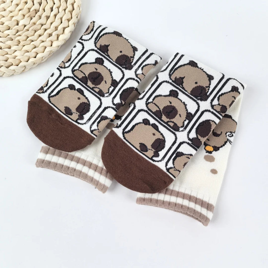 Cotton Blend Capybara Pattern Mid Calf Socks for Women