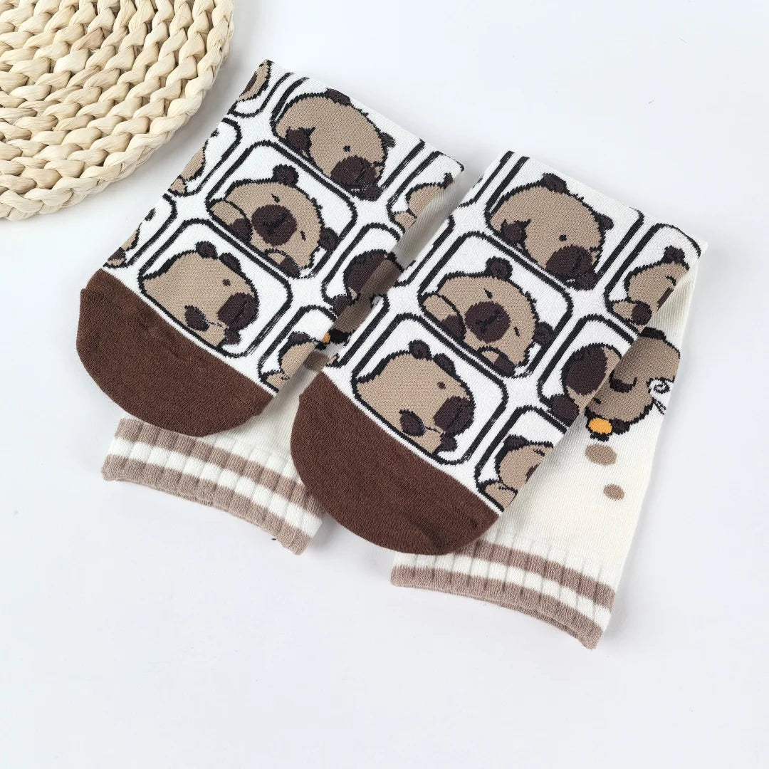 Cotton Blend Capybara Pattern Mid Calf Socks for Women