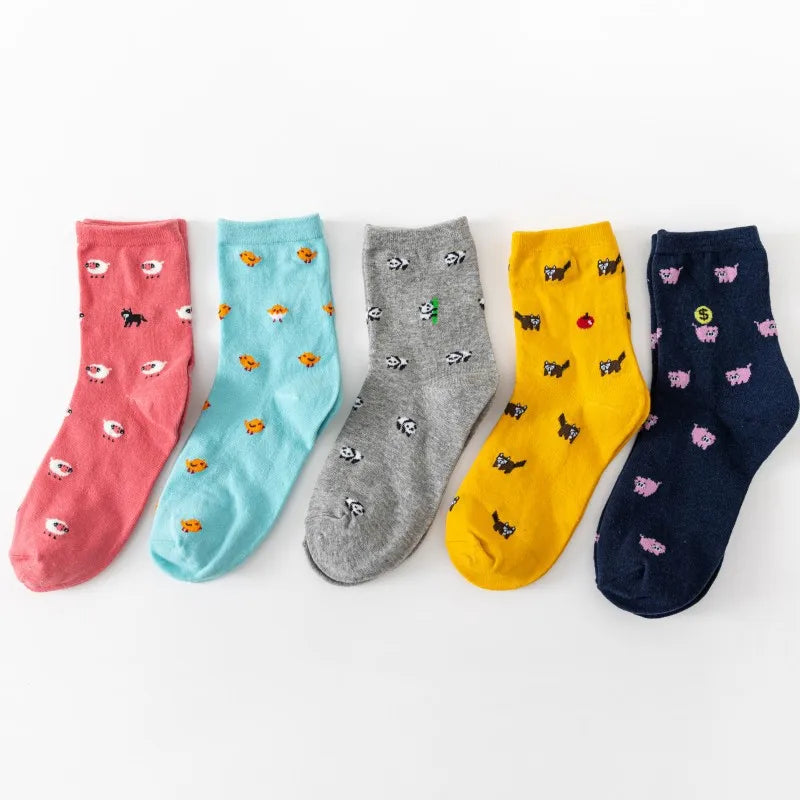5 Pairs Women Cotton Cat Print Mid Tube Casual Socks