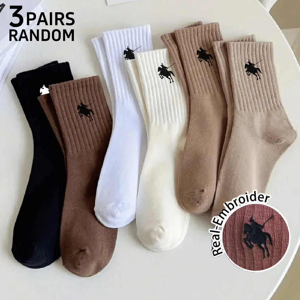 Polyester Elastane Crew Socks Embroidered Casual Socks