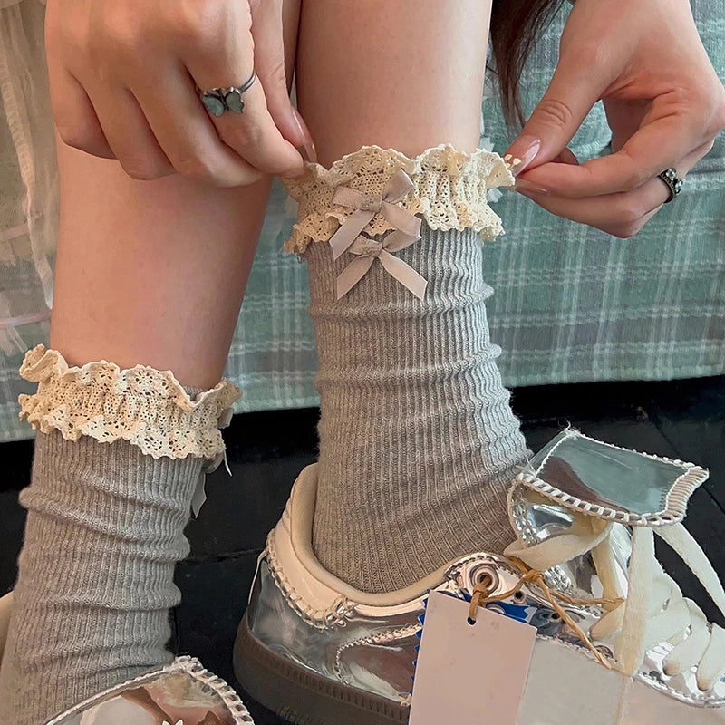 Lace Bow Mid Tube Cotton Blend Casual Socks - 5