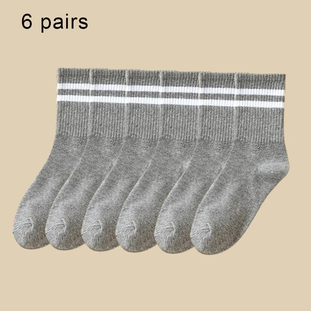 Polyester Mid Tube Casual Striped Women Socks 6 Pairs