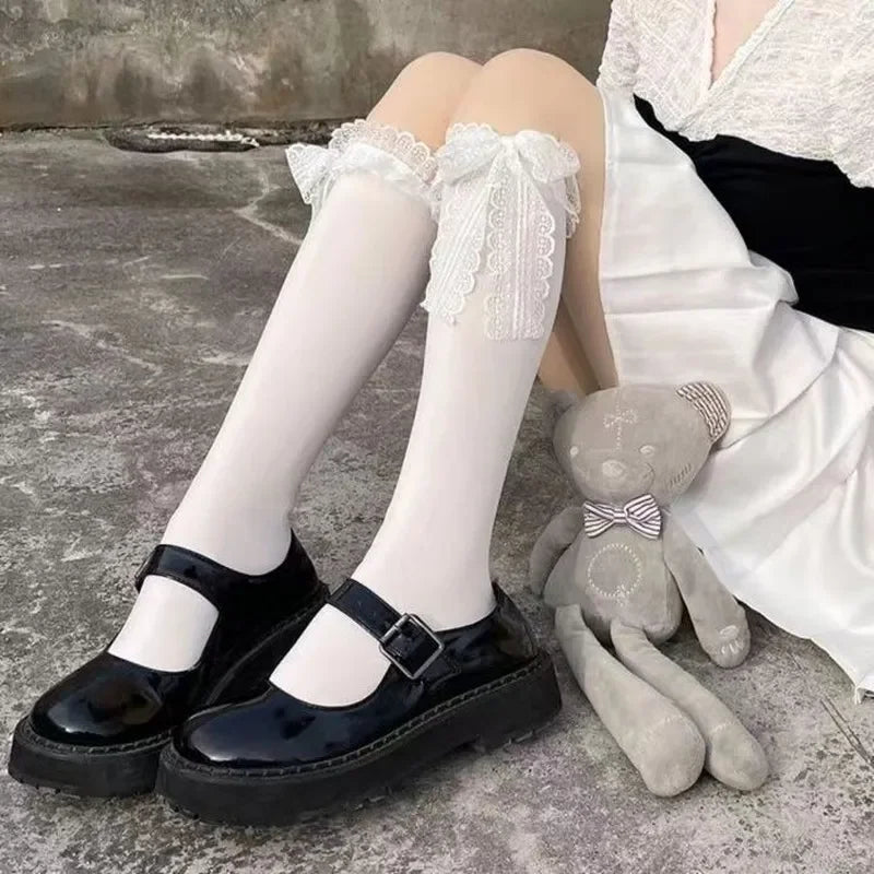 Nylon Lace Bowknot Knee High Socks - 13