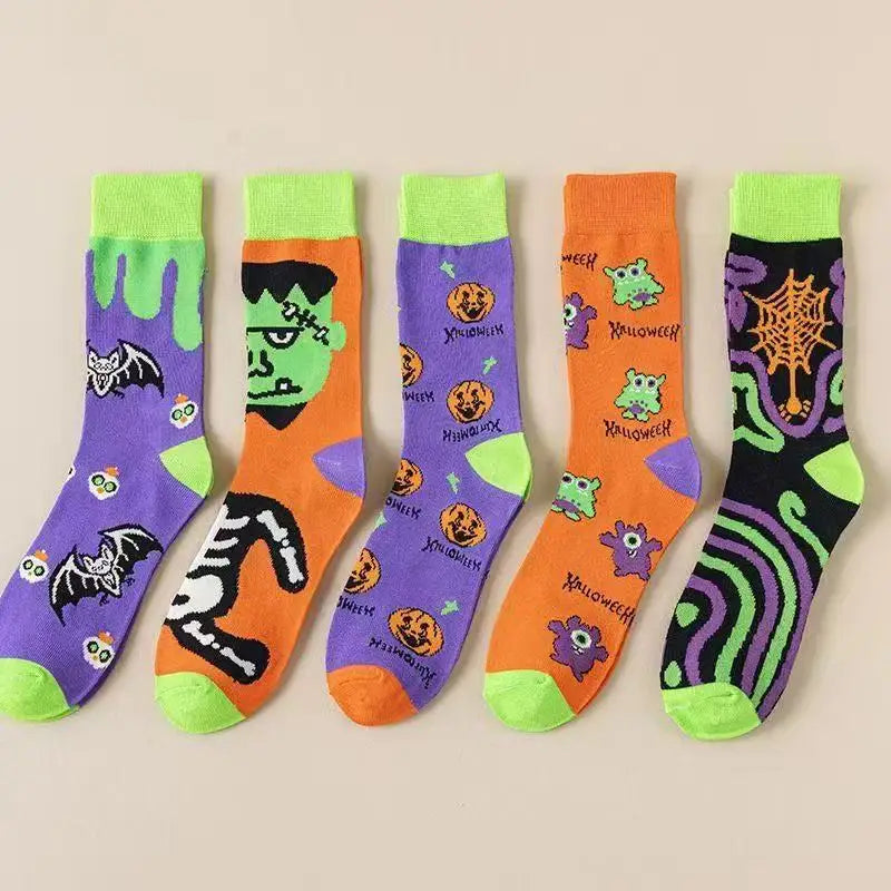 Polyester Elastane Halloween Patterned Mid Calf Socks 5 Pack