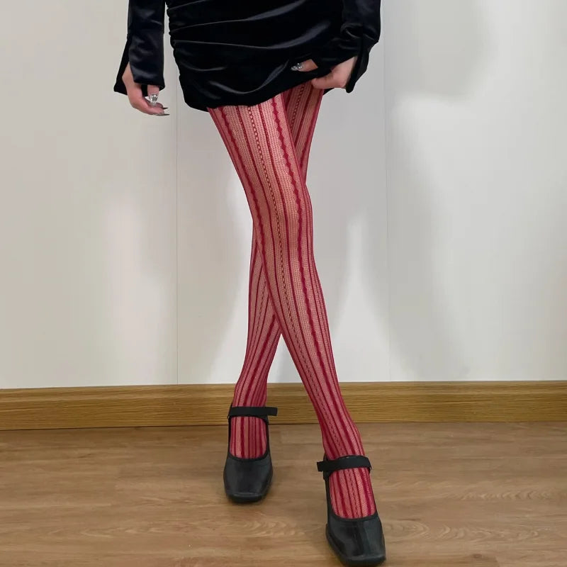 Red Nylon Striped Fishnet Tights for Women