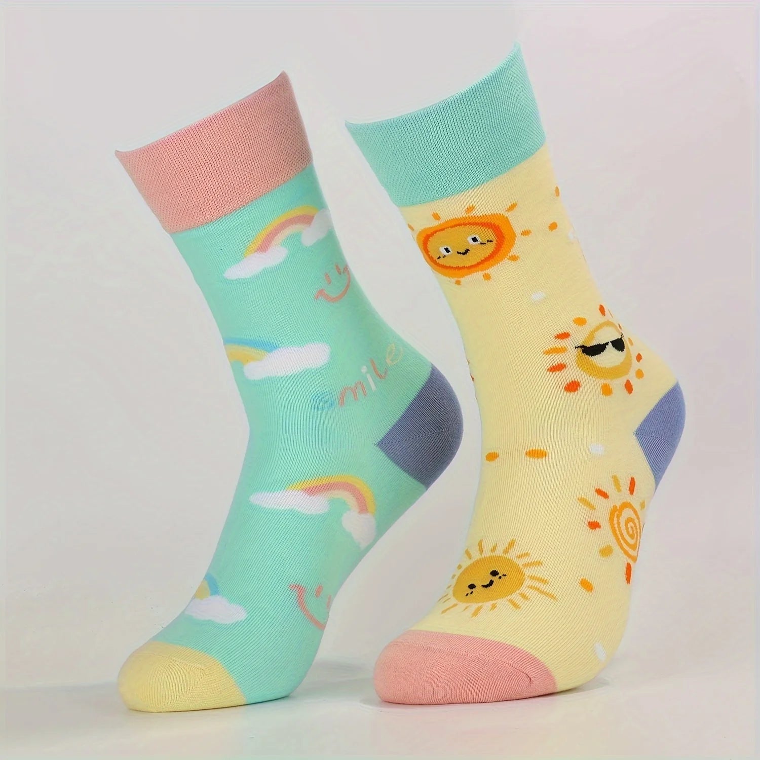 Cotton Blend Sun and Rainbow Print Mid Tube Casual Socks - 2