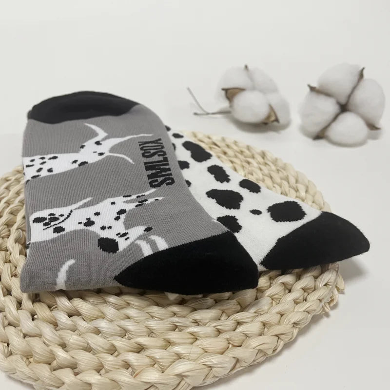 Cotton Blend Spotted Dog Print Unisex Mid Calf Crew Socks