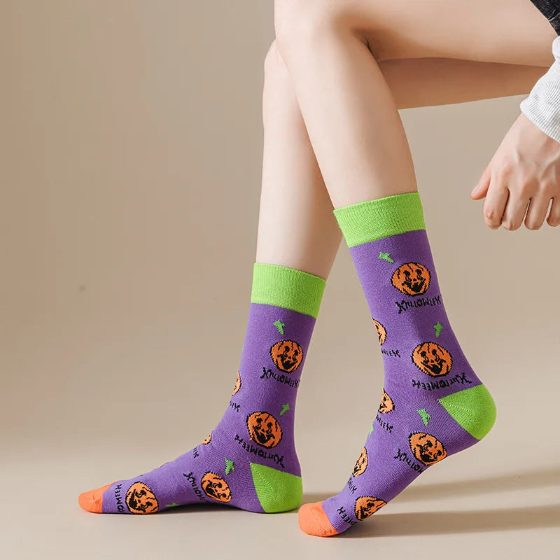 Polyester Elastane Halloween Patterned Mid Calf Socks 5 Pack