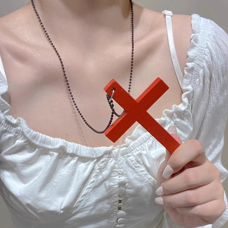 Wood Cross Pendant Necklace Unisex Accessory