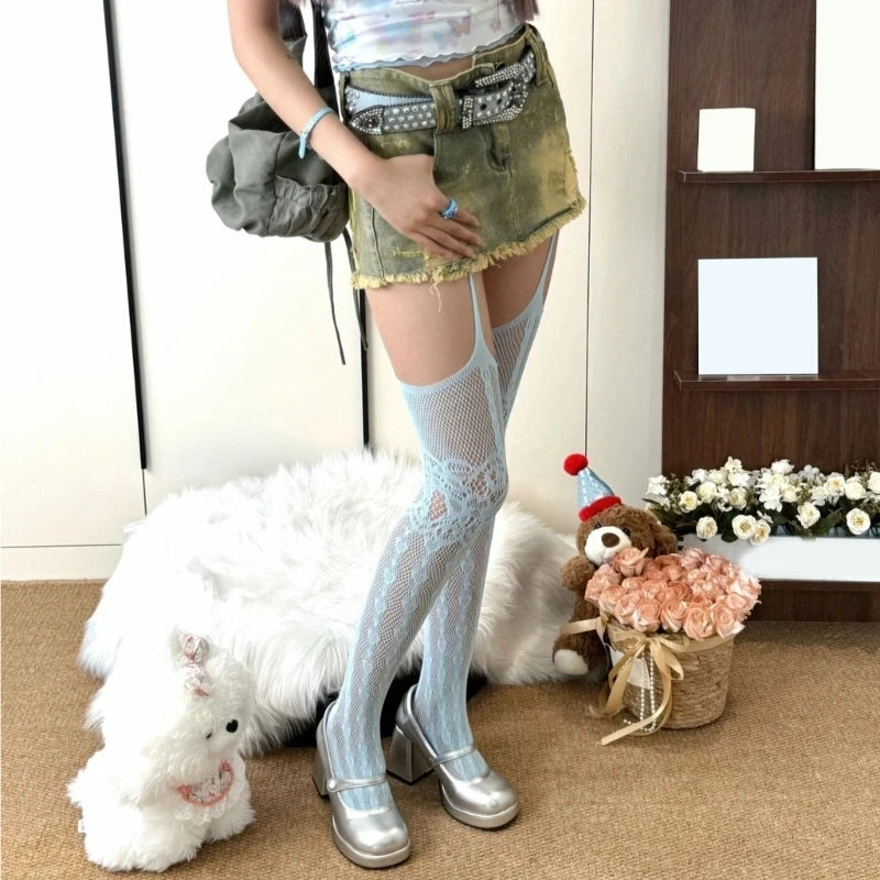 Floral Pattern Fishnet Garter Pantyhose