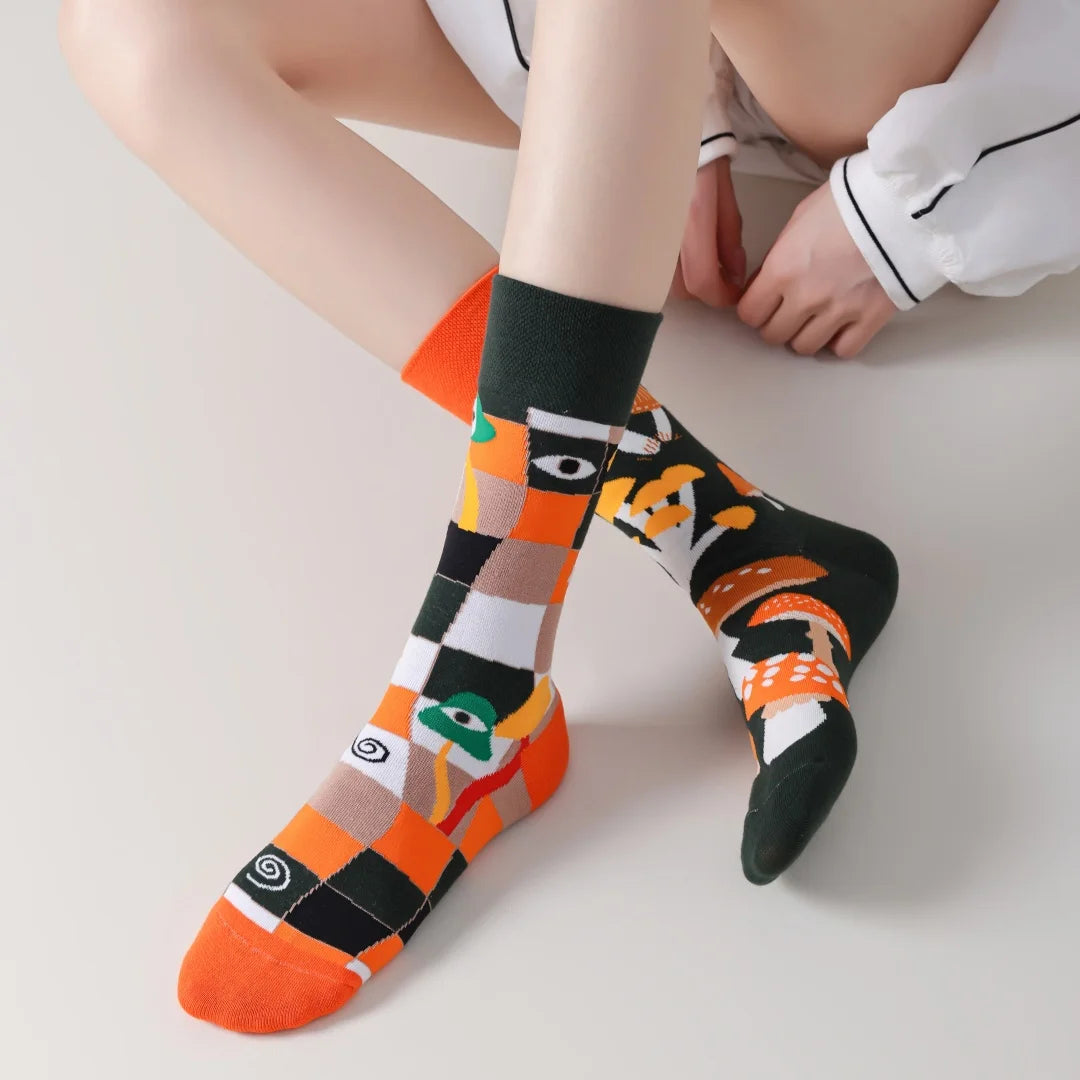 Cotton Blend Mushroom Print Mid Tube Casual Socks