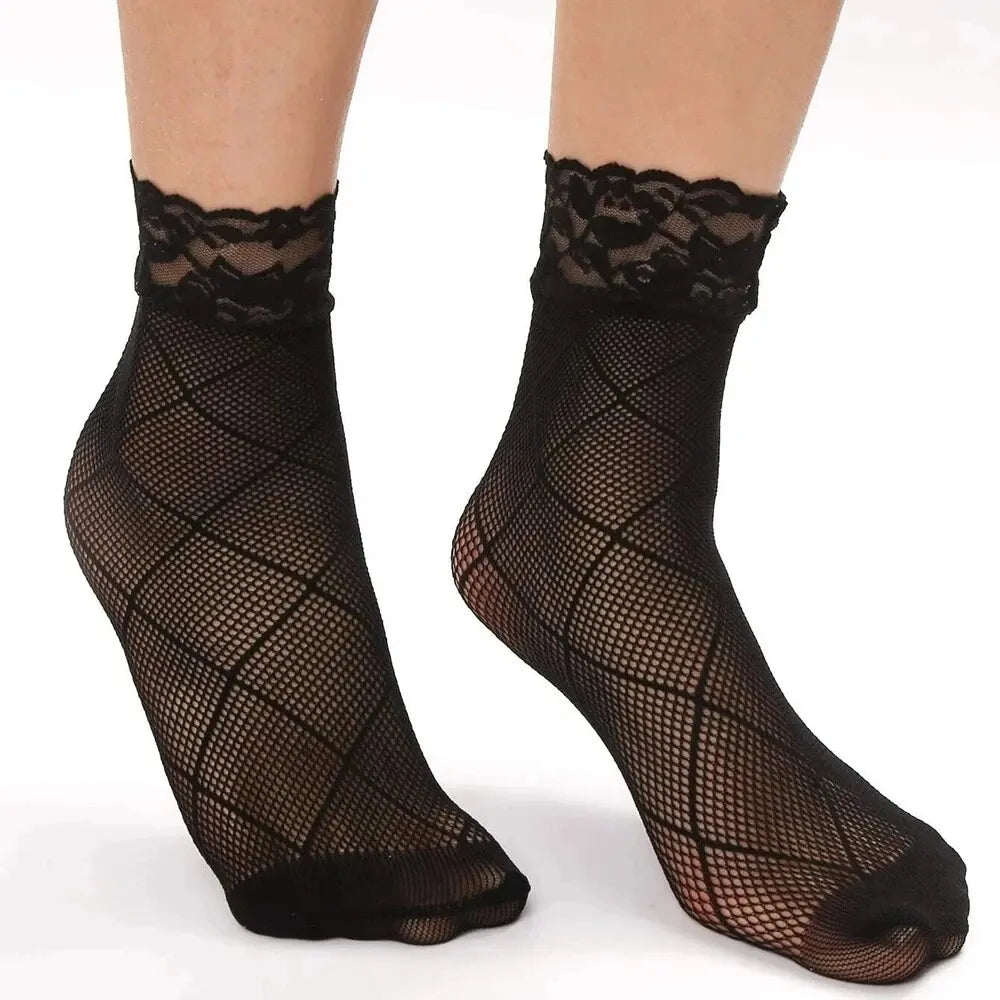 Polyester Elastane Mesh Lace Ankle Socks 5 Pairs - 5