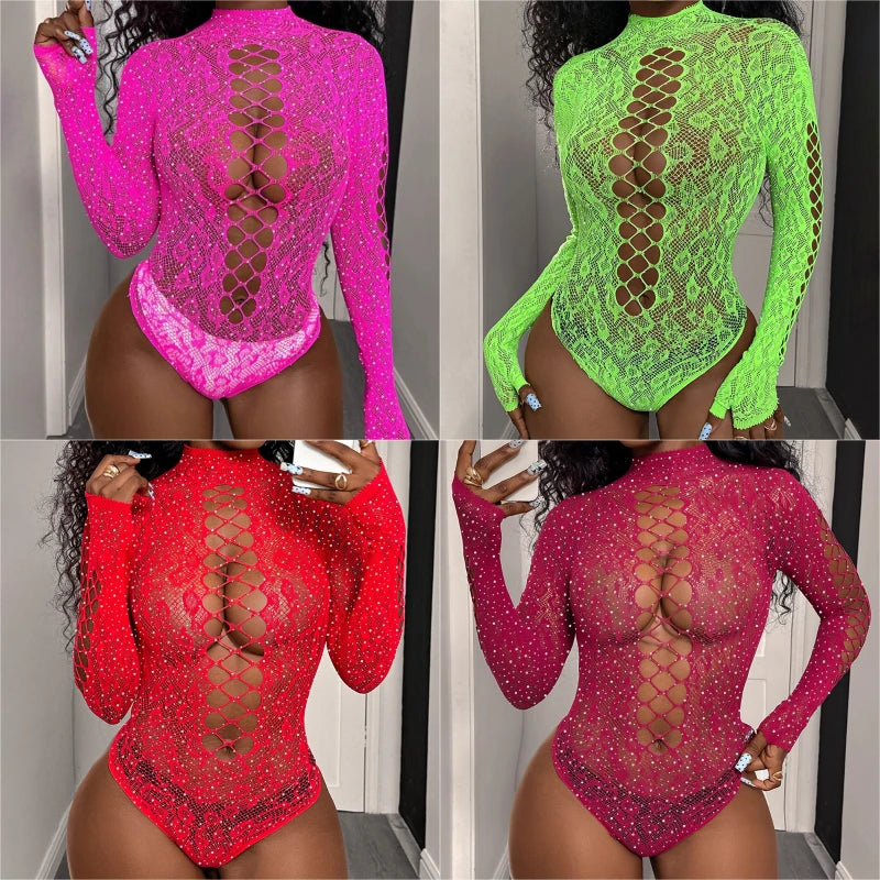 Nylon Elastane Rhinestone Fishnet Bodysuit