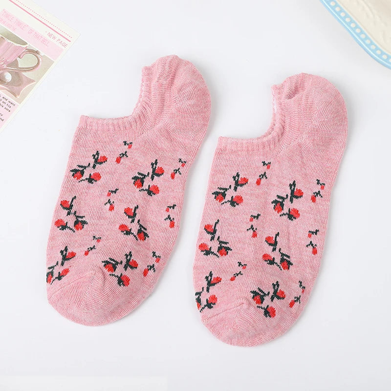 5 Pairs Polyester Elastane Floral Low Cut Boat Socks