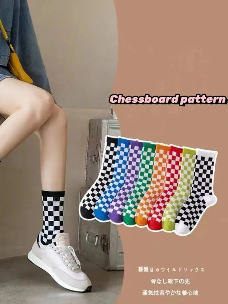 Cotton Blend Plaid Pattern Mid Tube Unisex Socks