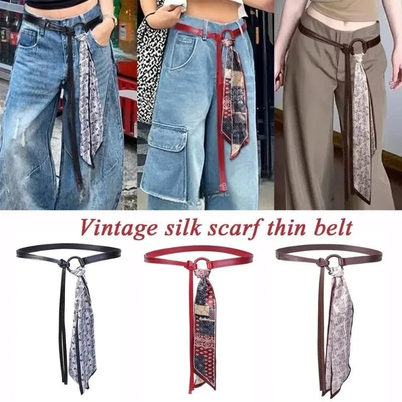 PU Leather Belt with Detachable Silk Scarf Waist Accessory