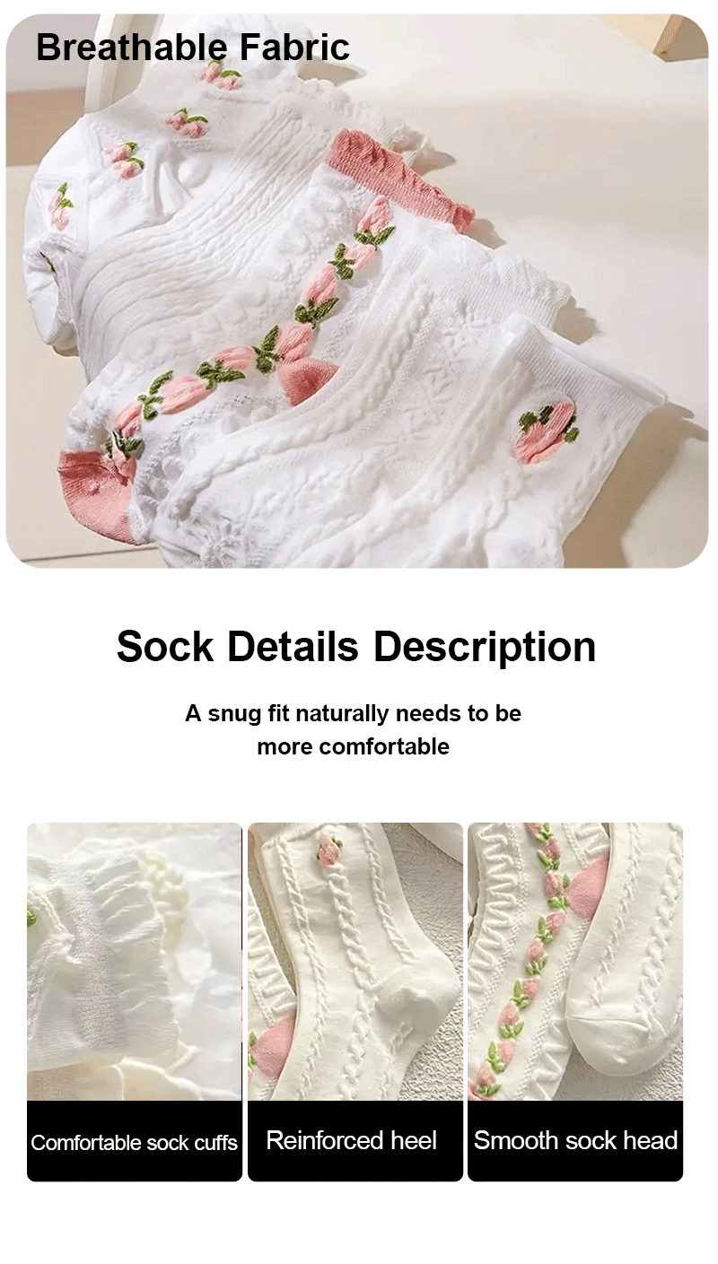 Ruffled Floral Mid Tube Polyester Women Socks 5 Pairs
