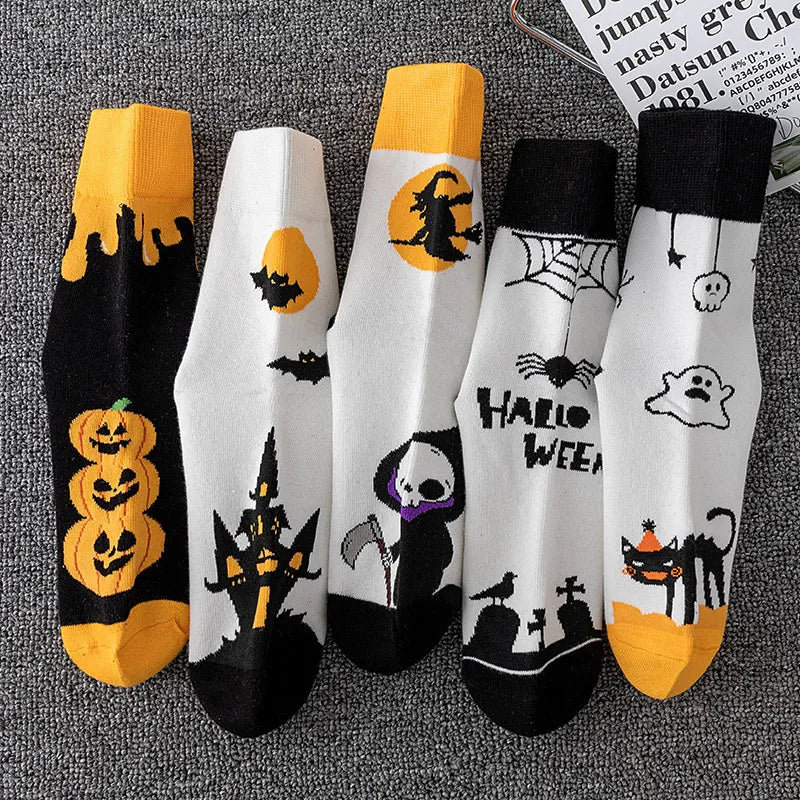 Polyester Elastane Halloween Patterned Mid Calf Socks 5 Pack
