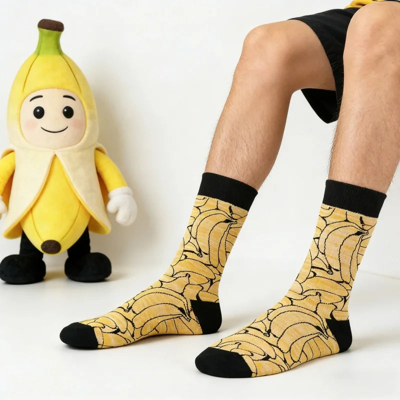 Cotton Blend Banana Print Mid Calf Socks