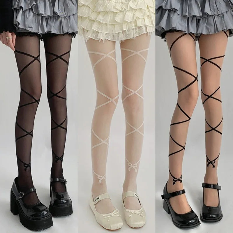 Nylon Cross Strap Ballet Style Pantyhose Tights