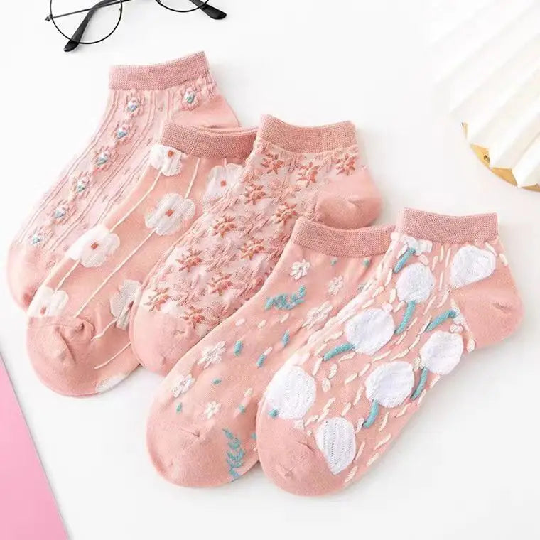 Floral Polyester Low Cut Ankle Socks For Women 5 Pairs