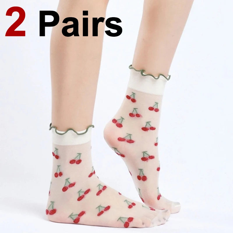 Nylon Spandex Fruit Print Lettuce Edge Mid Tube Socks