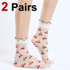 Nylon Spandex Fruit Print Lettuce Edge Mid Tube Socks