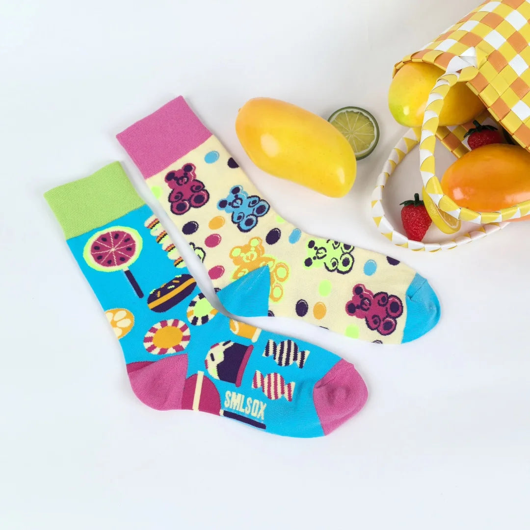 Cotton Blend Cartoon Bear and Sweets Pattern Casual Mid Tube Socks