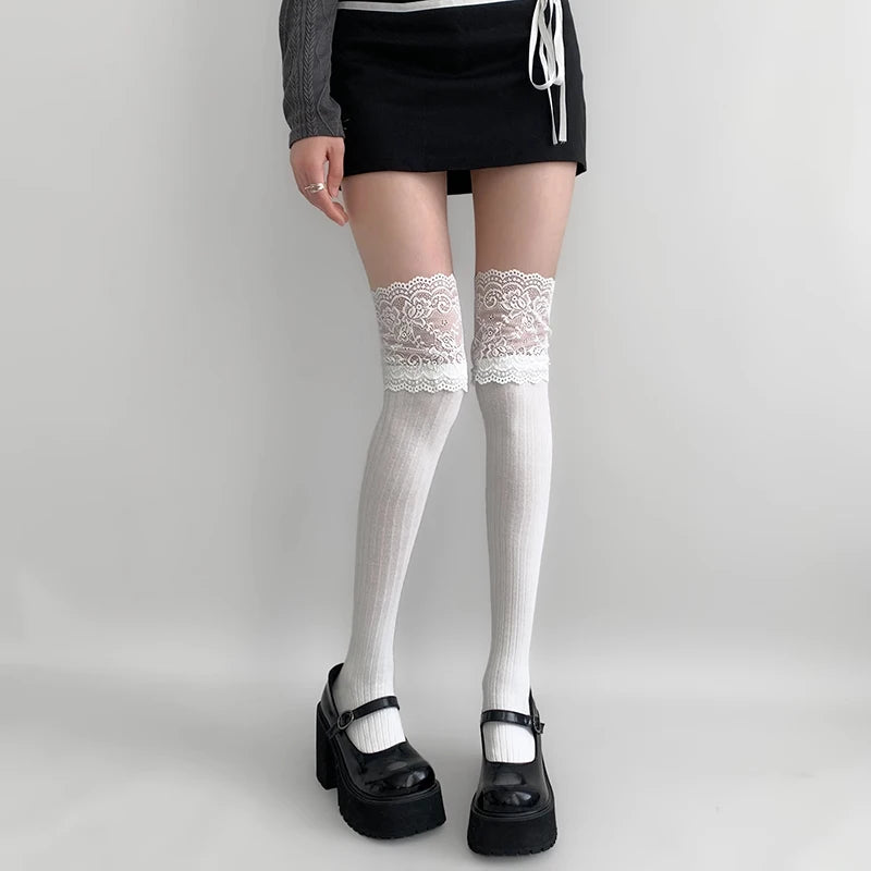 Polyester Elastane Lace Knee High Stockings - 8