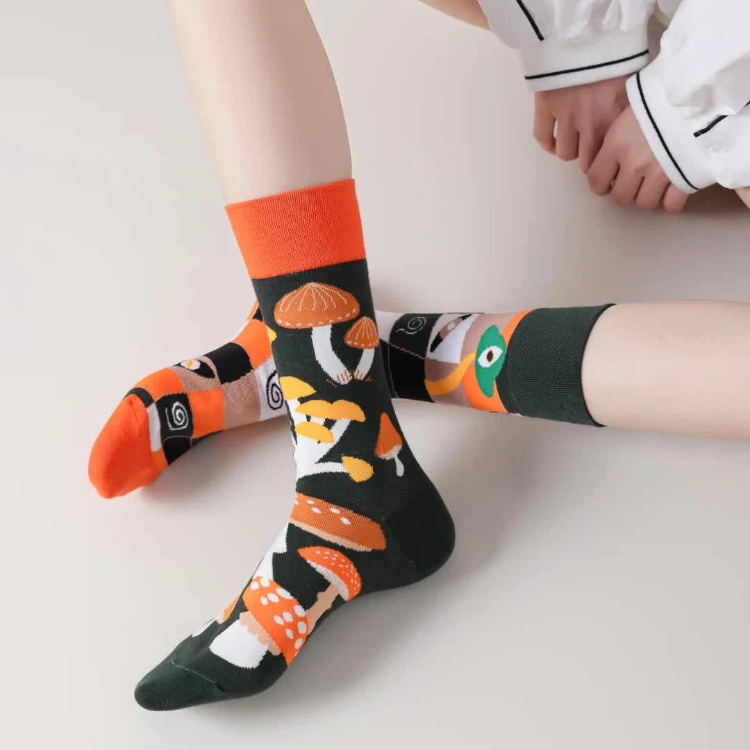 Cotton Blend Mushroom Print Mid Tube Casual Socks