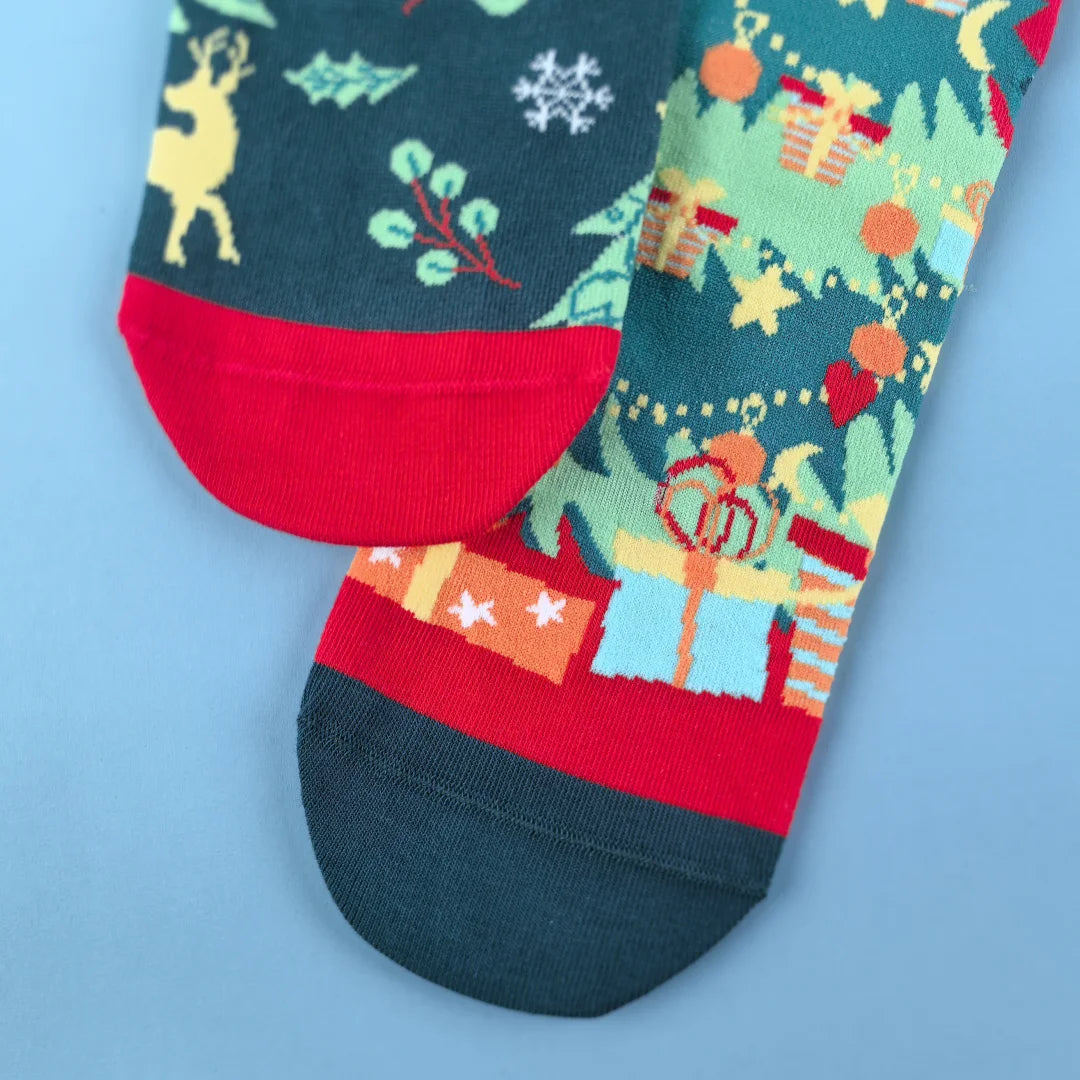 Cotton Blend Christmas Tree Print Mid Calf Socks