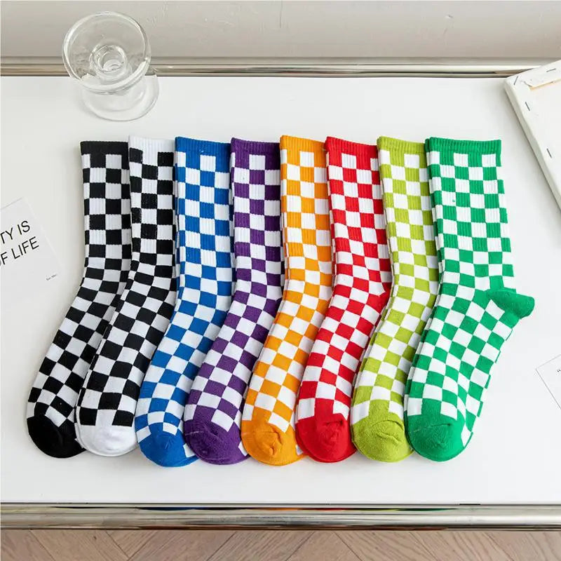 Cotton Blend Plaid Pattern Mid Tube Unisex Socks