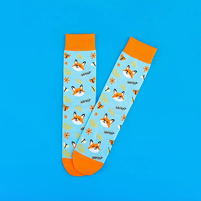 Cotton Blend Fox Print Mid Calf Socks