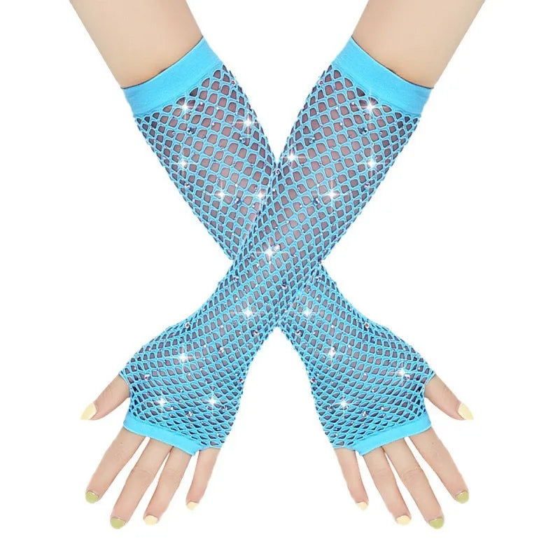 Nylon Elastane Rhinestone Fishnet Fingerless Gloves - 28