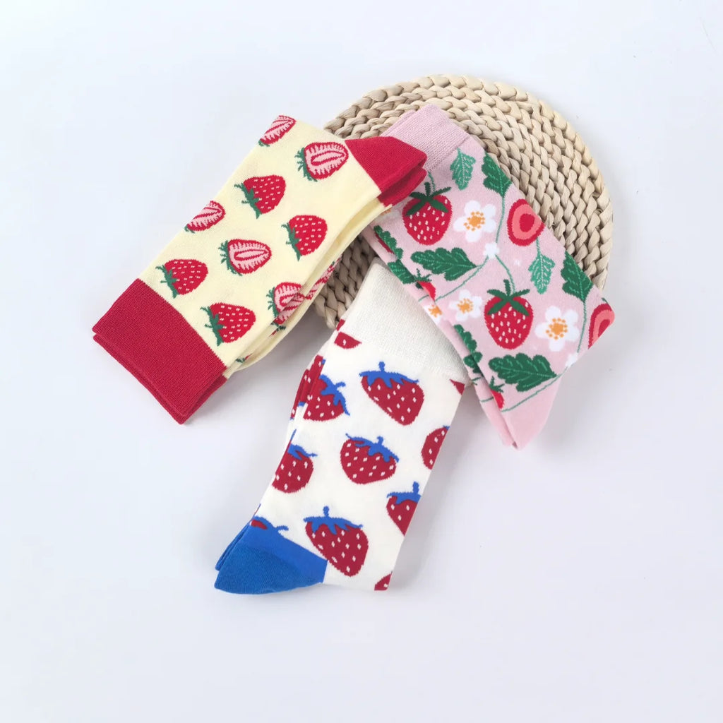 Cotton Blend Strawberry Print Mid Calf Socks