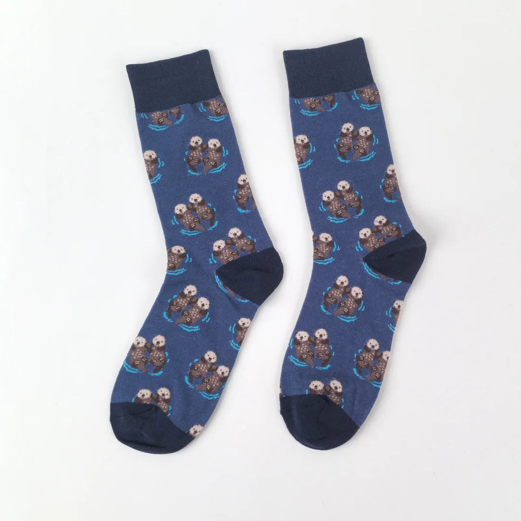 Cotton Blend Novelty Otter Print Crew Socks