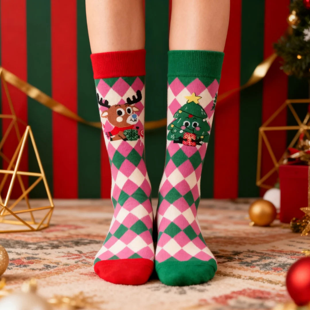 Cotton Blend Christmas Cartoon Pattern Mid Tube Socks