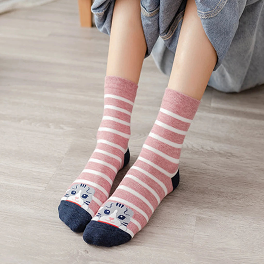 Polyester Elastane Crew Socks Cartoon Cat Pattern 5 Pairs