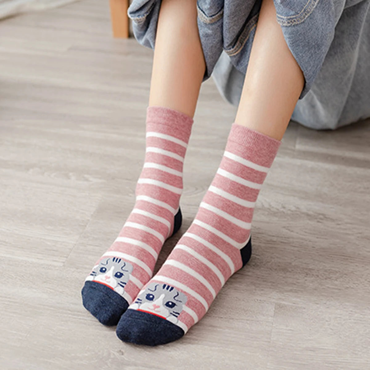 Polyester Elastane Crew Socks Cartoon Cat Pattern 5 Pairs