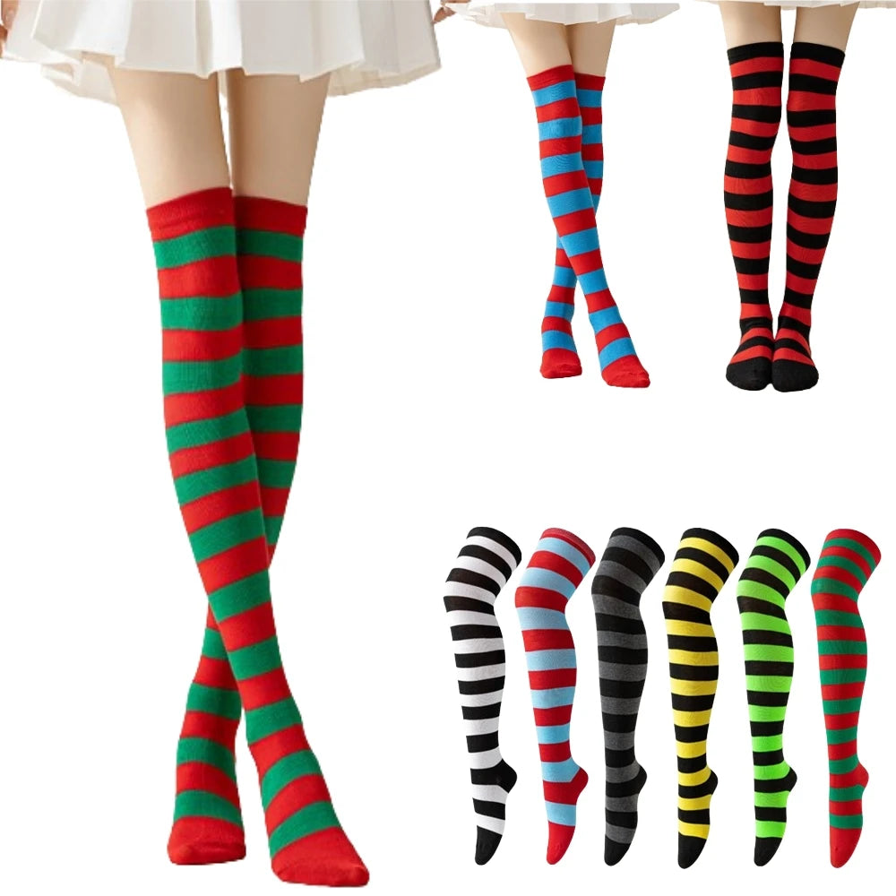 Striped Nylon Polyester Over Knee High Stockings