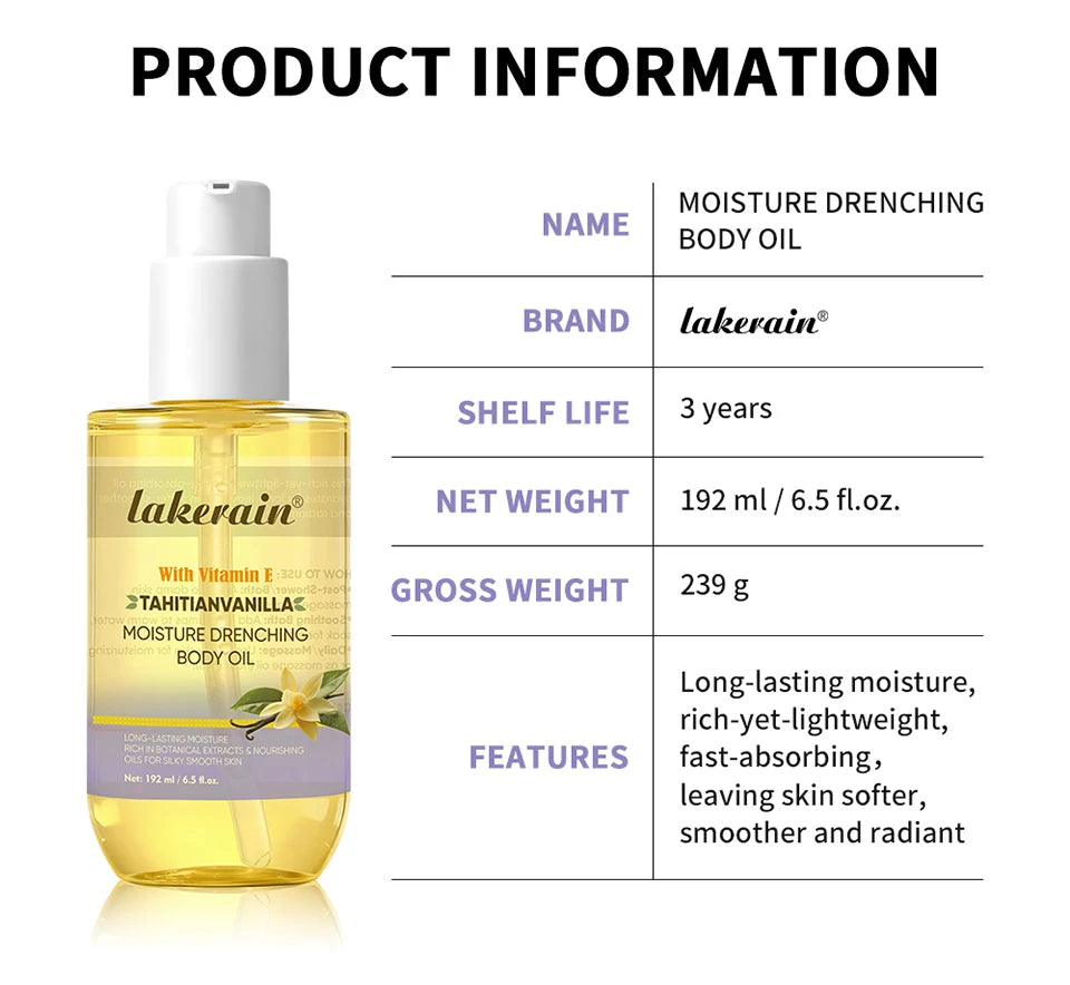Vanilla Scented Moisturizing Body Oil for Dry Skin Hydration