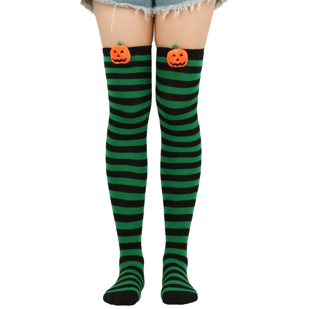 Polyester Striped Pumpkin Over The Knee Socks