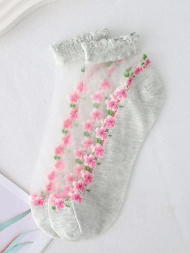 Floral Print Polyester Elastane Low Tube Casual Socks 7 Pairs