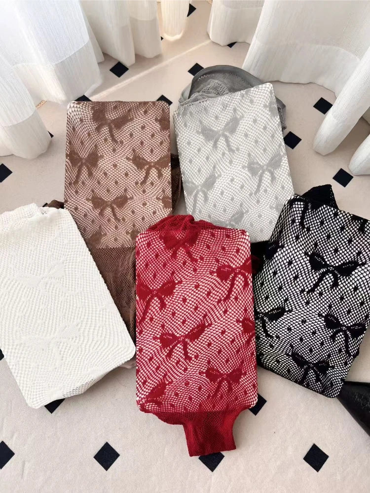 Nylon Elastane Bow Pattern Mesh Tights - 13