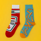 Cotton Blend Asymmetric Tomato and Fries Pattern Mid Calf Socks